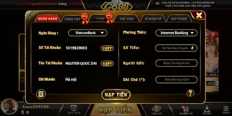 Go88 - Cổng game đổi thưởng hàng đầu tại thị trường Việt Nam 6 Nạp tiền Go88 thuận tiện, dễ dàng