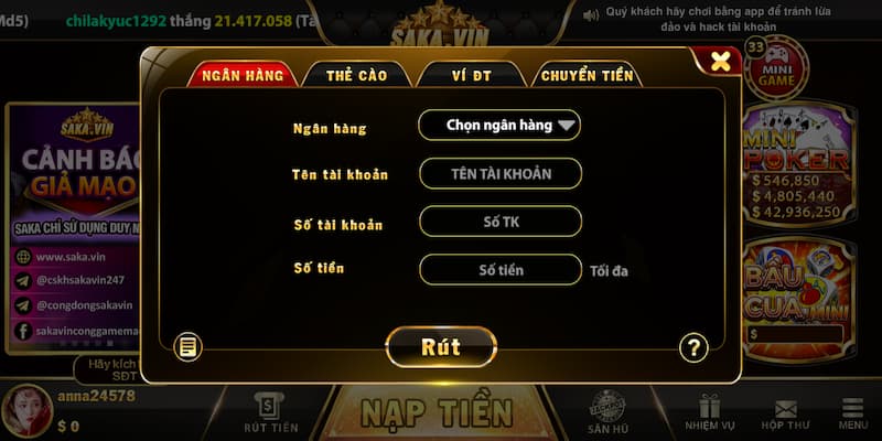 Saka Vin - Thiên đường cờ bạc online chất lượng nhất hiện nay 6 Rút tiền da đạng, đơn giản