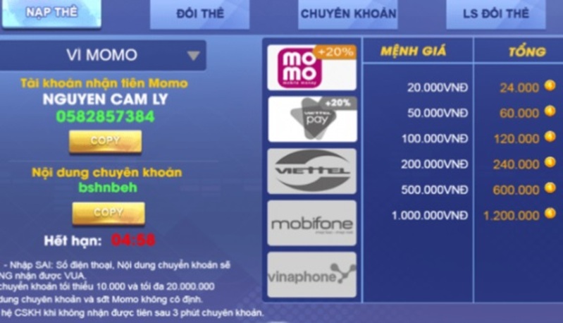 Cách thức nạp tiền vào Vua club