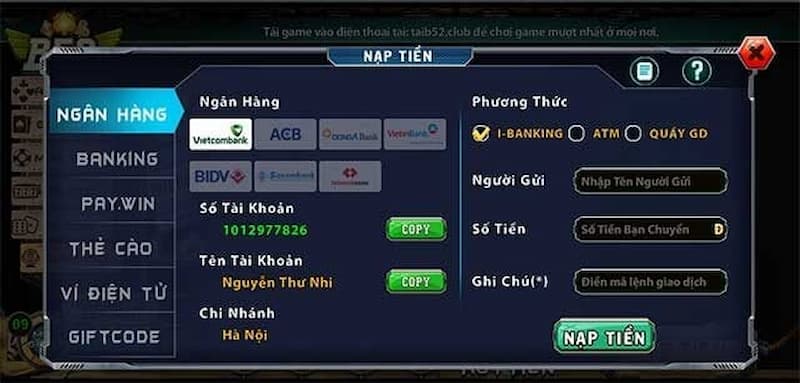 B52 - Sân chơi giải trí đỉnh cao hiện nay 5 Nạp tiền vào B52 qua ngân hàng