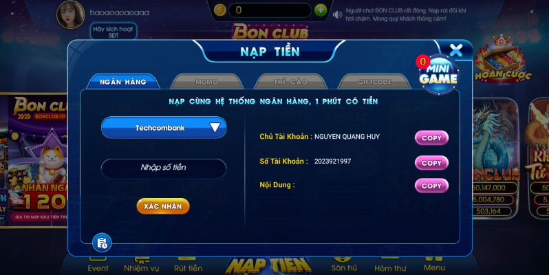 Bonclub - Sân chơi đổi thưởng số 1 trên thị trường hiện nay 5 Các bước nạp tiền Bonclub