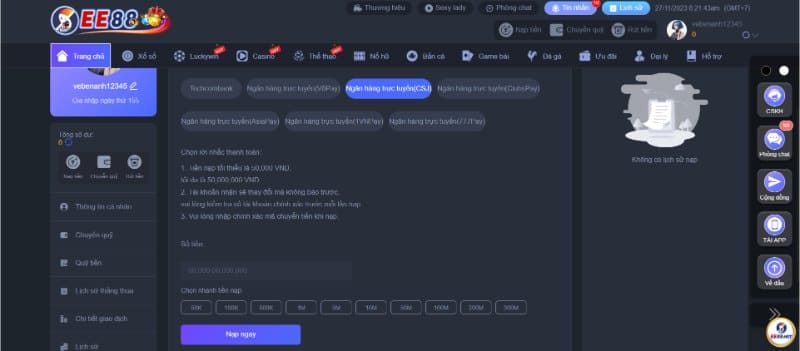 EE88 - Đánh giá chi tiết nhà cái uy tín hàng đầu Việt Nam 6 Cách nạp tiền vào sân chơi EE88 đơn giản